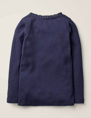 Mini Boden Girl's Lace Trim Ribbed Top in Navy