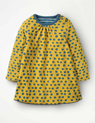 Baby Boden Reversible Hedgehog Print Dress in Blue/ Yellow Stripe