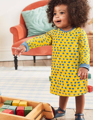 Baby Boden Reversible Hedgehog Print Dress in Blue/ Yellow Stripe