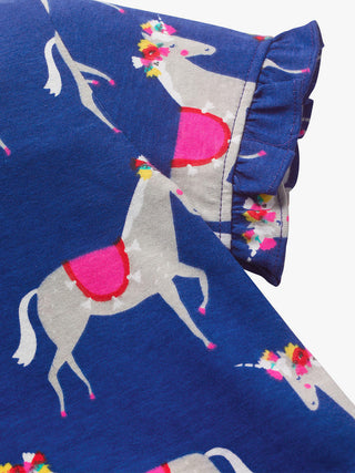 Mini Boden Girl's Colourful Short Sleeve Printed Pocket Tunic Dress-Navy/Unicorn
