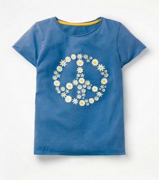 Mini Boden Girl's Peace Applique Floral Top in Blue