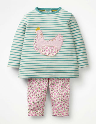 Baby Boden Chicken Applique Play Set in Ivory Ditsy Green
