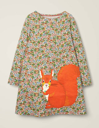 Mini Boden Girl's Hotch Potch Big Applique Dress in Multi Floral Squirrel