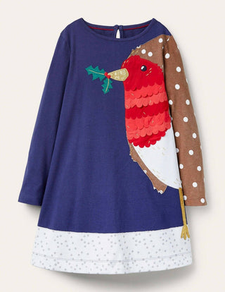 Mini Boden Girl's 3/4 Sleeve Festive Big Applique Dress in Starboard Blue