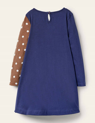 Mini Boden Girl's 3/4 Sleeve Festive Big Applique Dress in Starboard Blue