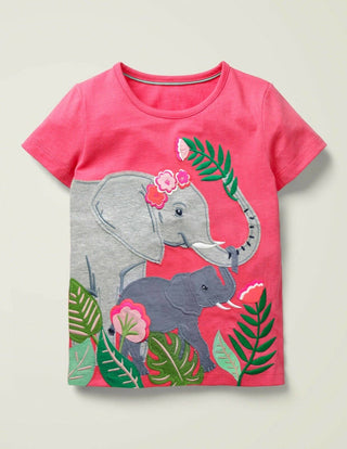 Mini Boden Girl's Big Applique T-shirt in Pink Elephant
