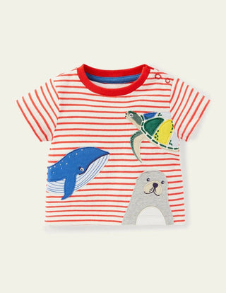 Baby Boden Peeking Animals Stripy T-shirt in Ivory/Red Under the Sea