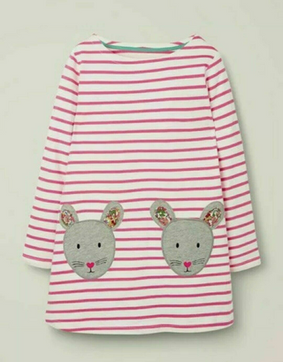Mini Boden Girl's Stripe Mouse Applique Pockets Tunic in Pink