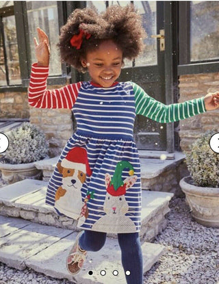 Mini Boden GIrl's Long Sleeve Festive Applique Hotchpotch Dress in Multi Friends