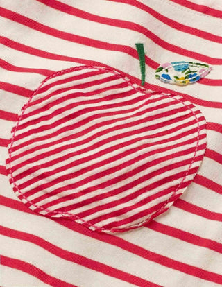 Mini Boden Girl's Stripe Apple Applique Breton Top in Ivory/ Red