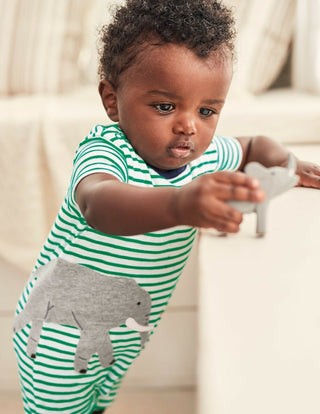 Baby Boden Stripe Elephant Applique Romper in Ivory/ Green