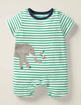 Baby Boden Stripe Elephant Applique Romper in Ivory/ Green