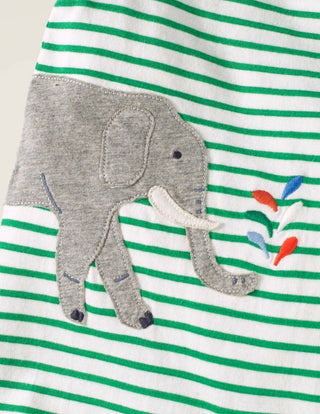 Baby Boden Stripe Elephant Applique Romper in Ivory/ Green