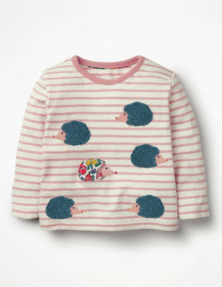 Baby Boden Stripe Hedgehog Applique Top in Pink