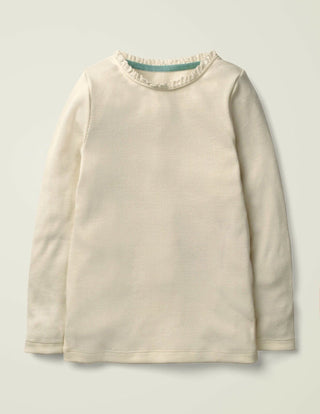 Mini Boden Girl's Lace Trim Ribbed Top in Ivory