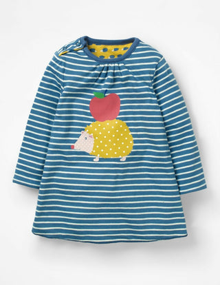 Baby Boden Reversible Hedgehog Print Dress in Blue/ Yellow Stripe