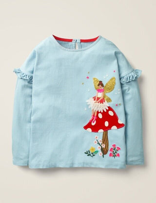 Mini Boden Girl's Ruffle Fairy Applique Top in Blue