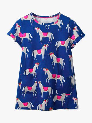 Mini Boden Girl's Colourful Short Sleeve Printed Pocket Tunic Dress-Navy/Unicorn