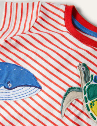 Baby Boden Peeking Animals Stripy T-shirt in Ivory/Red Under the Sea