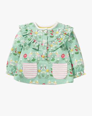 Baby Boden Baby Long Sleeve Jersey Ruffle Top in Green Fairies Garden